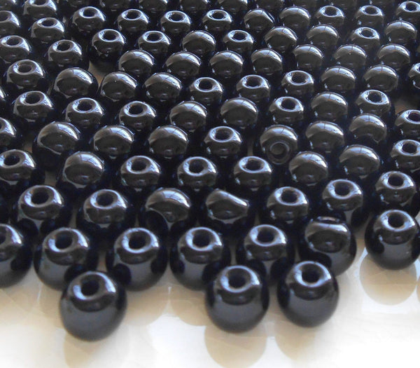 Lot of 25 8mm Czech glass big hole beads, Jet Black smooth round druk beads with 2mm holes C0087