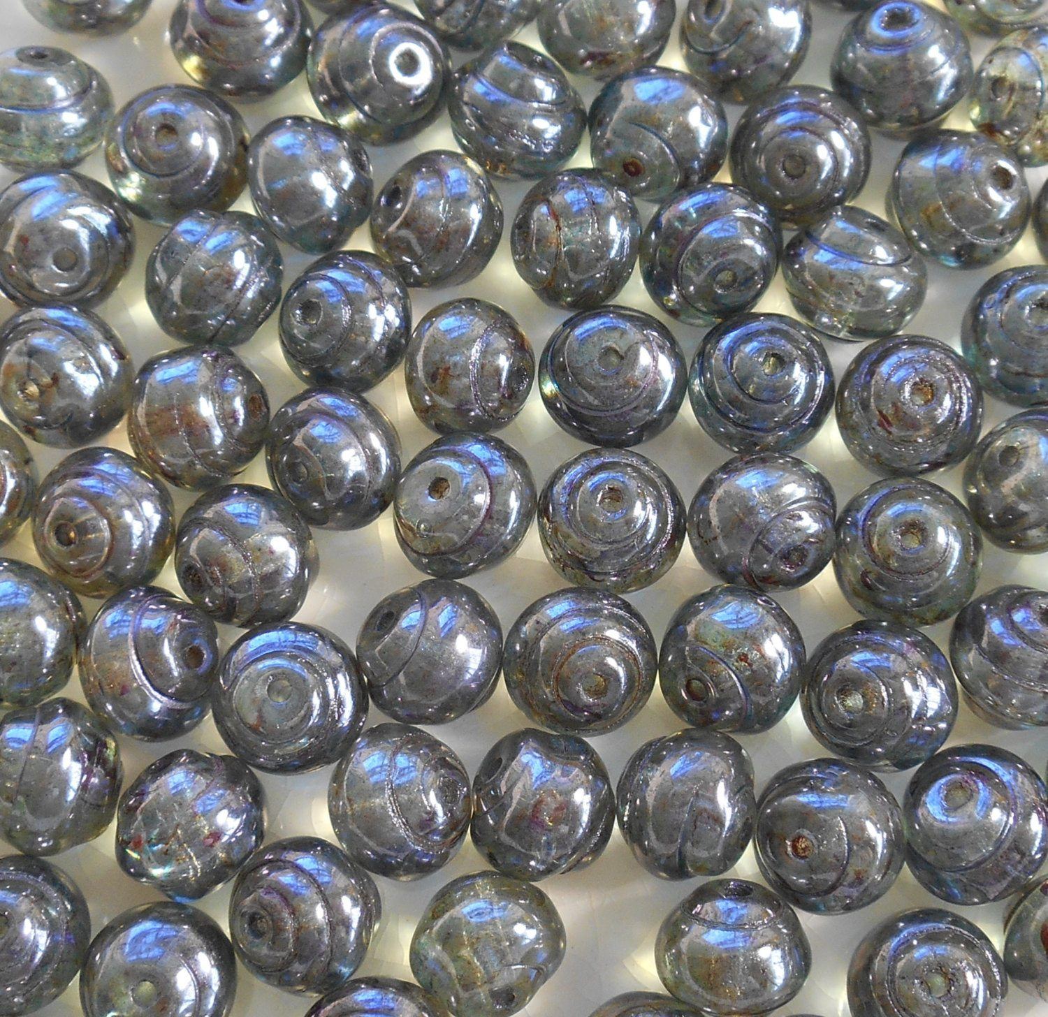 Lot of 25 8mm Czech Lumi Green Baroque iridescent gray snail beads, C4425 - Glorious Glass Beads