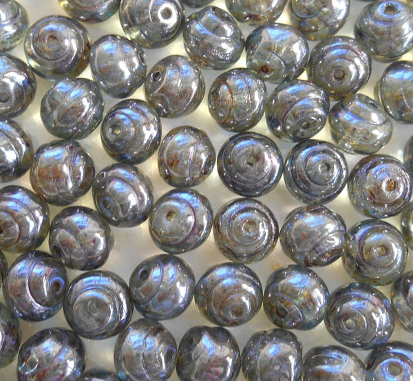Lot of 25 8mm Czech Lumi Green Baroque iridescent gray snail beads, C4425 - Glorious Glass Beads