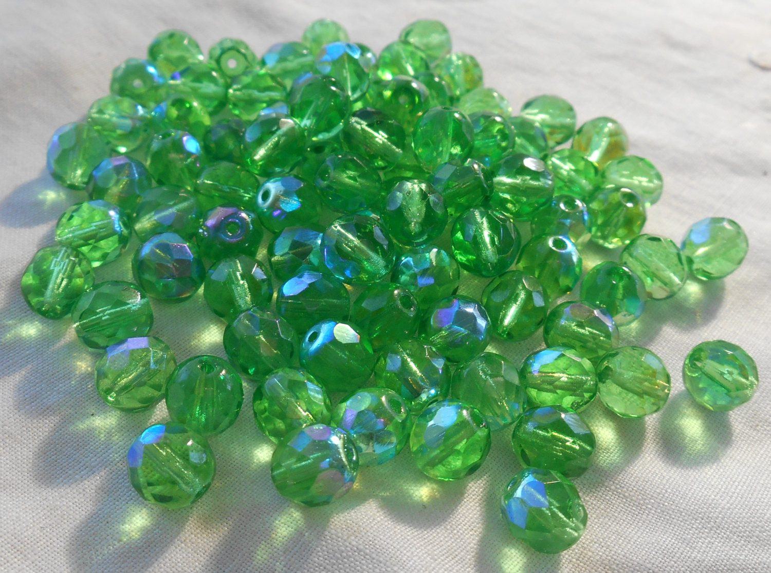 Lot of 25 8mm Mint Green AB, faceted round firepolished glass beads, C2525 - Glorious Glass Beads