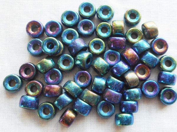 Lot of 25 9mm Czech Blue Iris glass pony roller beads, large hole crow beads, C5350