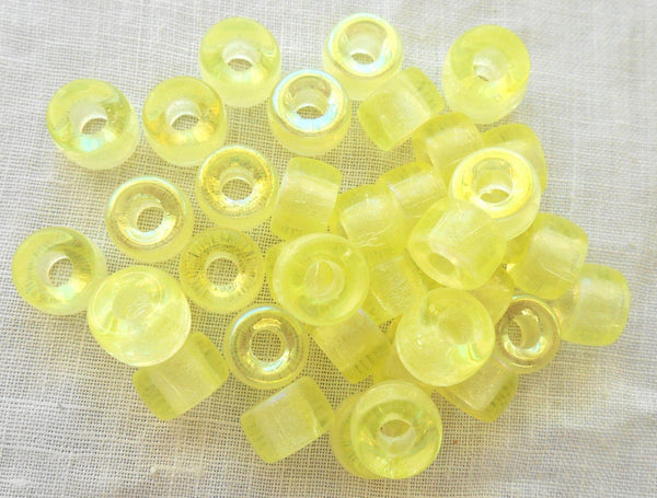 Lot of 25 9mm Czech Jonquil AB yellow glass pony roller beads, large big hole crow beads, C9325