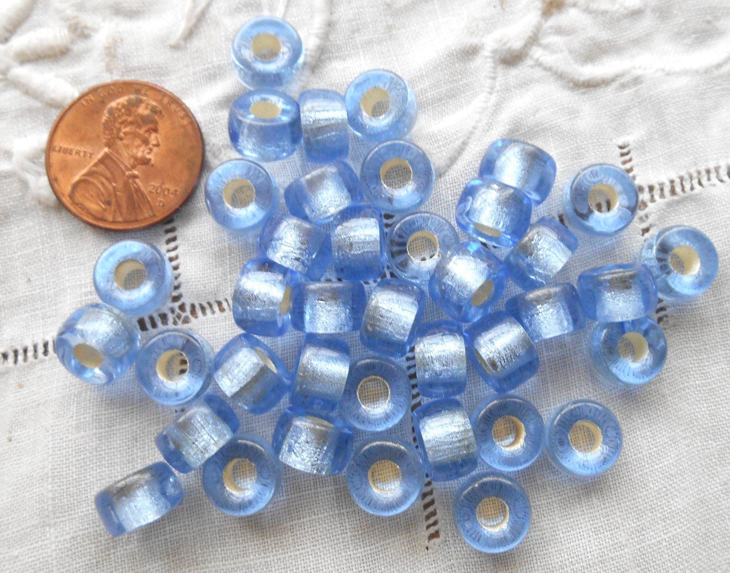 Lot of 25 9mm Czech Light Sapphire Blue Silver Lined glass pony roller beads, large hole crow beads, C5325 - Glorious Glass Beads