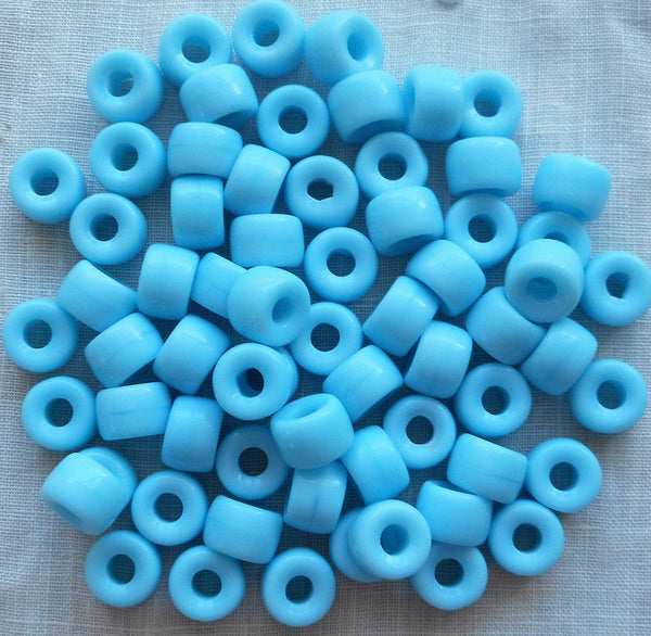 Lot of 25 9mm Czech opaque turquoise blue pony roller beads, large hole blue glass crow beads, C0097