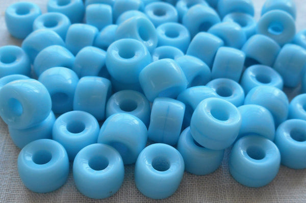 Lot of 25 9mm Czech opaque turquoise blue pony roller beads, large hole blue glass crow beads, C3525 - Glorious Glass Beads