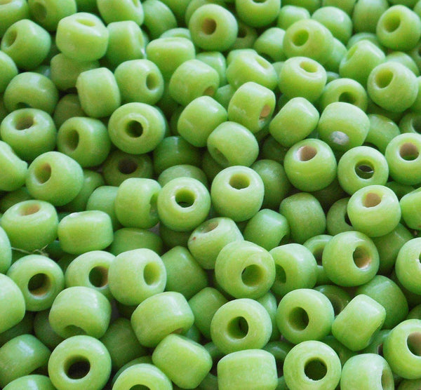 Lot of 25 9mm Opaque Lime Green glass pony roller beads, large hole, big hole crow beads, Made in India, C6401