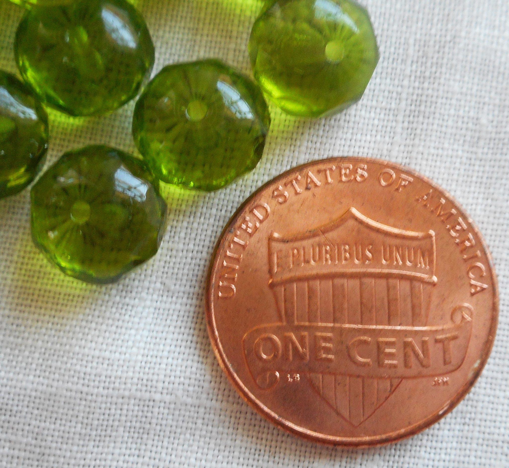 Lot of 25 transparent Olivine, Olive Green puffy rondelles, 6 x 9mm faceted Czech glass rondelle beads C4701 - Glorious Glass Beads