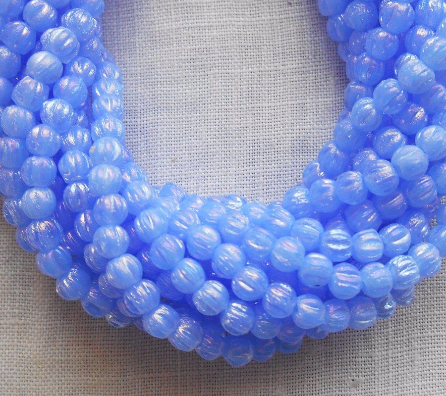 Lot of 100 3mm Luster Milky Sapphire blue Czech pressed glass melon beads C4650 - Glorious Glass Beads