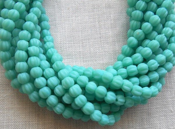 Lot of 100 3mm opaque turquoise blue Czech pressed glass melon beads C93150 - Glorious Glass Beads