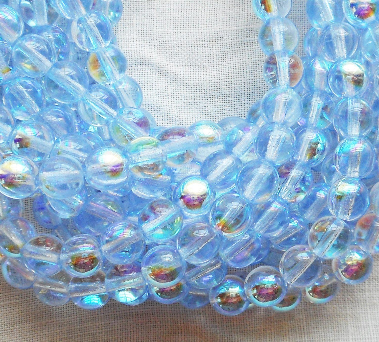 Lot of 50 6mm Czech glass druks, Light Sapphire Blue AB smooth round druk beads C5650 - Glorious Glass Beads