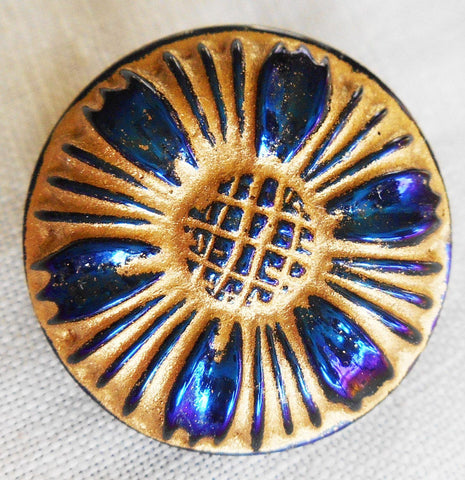 One 18mm Czech glass button, Iridescent cobalt blue sunflower with a gold wash, floral decorative shank buttons 08101 - Glorious Glass Beads