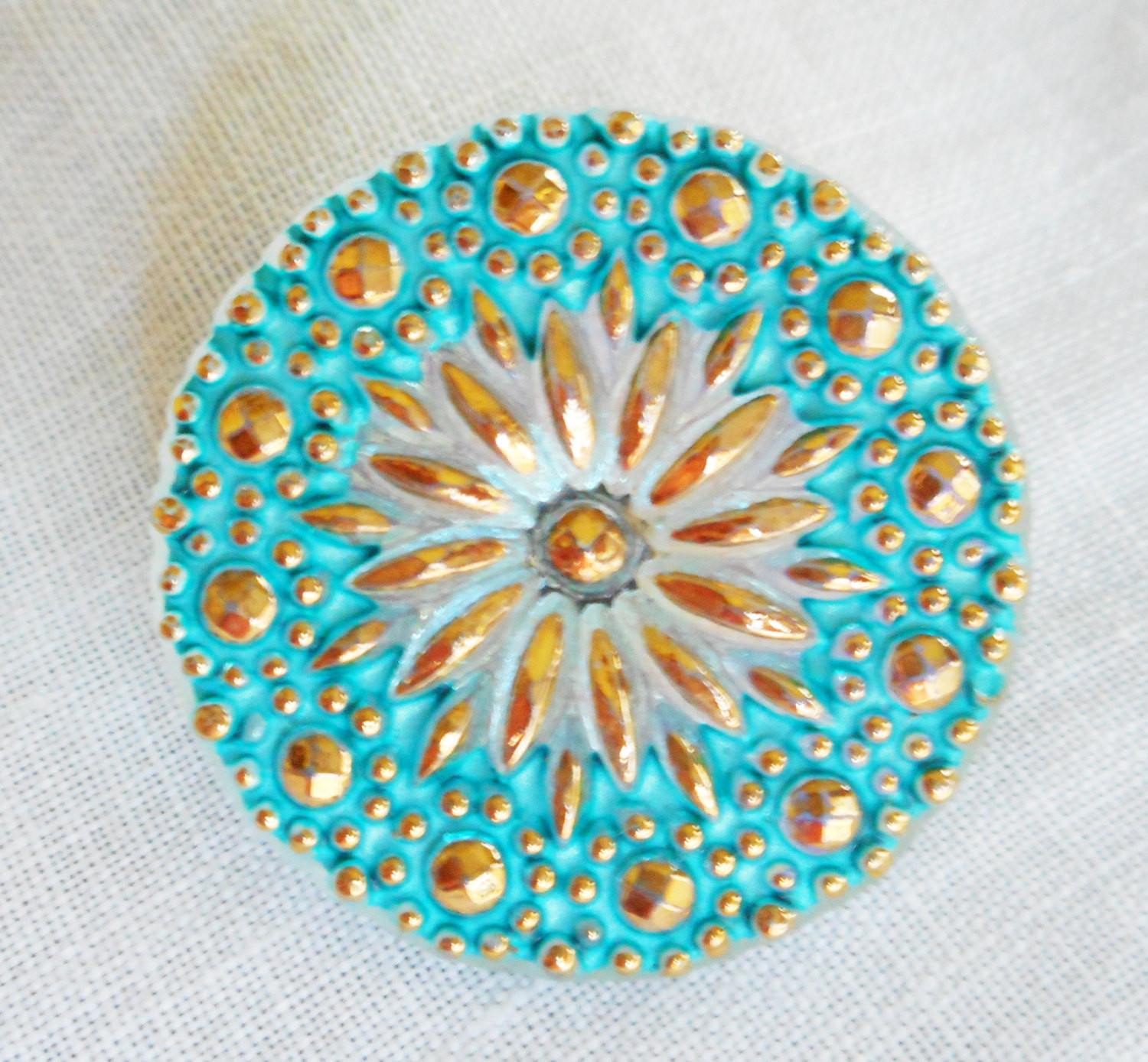 One 22mm Czech glass button, milky white & gold starburst with a turquoise blue wash, verdigris look decorative shank button 52301 - Glorious Glass Beads