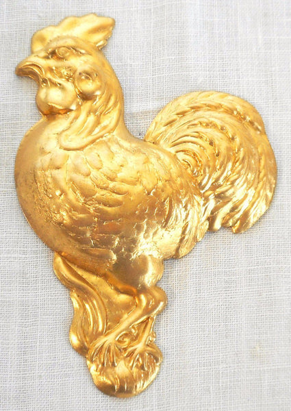 One large brass left facing rooster ornament, pendant ,charm, brass stamping, 72mm x 42mm, made in the USA, C4601