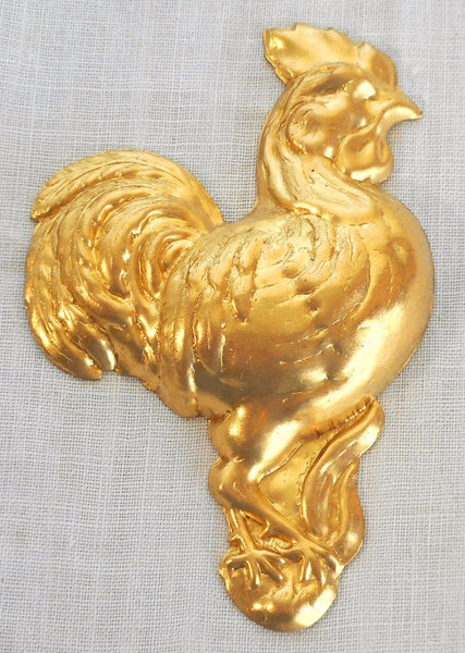One large brass right facing rooster ornament, pendant ,charm, brass stamping, 72mm x 42mm, made in the USA, C4601