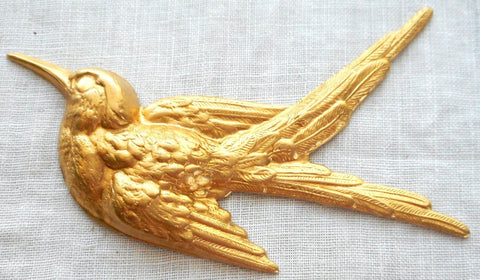 One large raw brass Flying Bird, Sparrow pendant, charm, brass stamping, 74mm x 52mm made in the USA, C2601 - Glorious Glass Beads