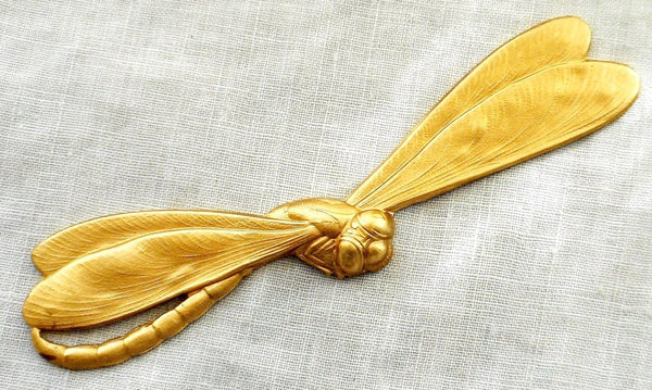 One large raw brass stamping, art nouveau, deco dragonfly, pendant, charm, connector, 3.56" by .75" inches, made in the USA, C70101