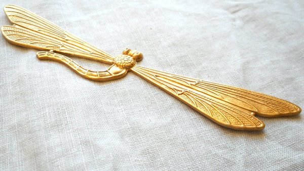 One large raw brass stamping art nouveau deco dragonfly, pendant, charm, connector, ornament, 3.37" by .75" inches, made in the USA C91101 - Glorious Glass Beads