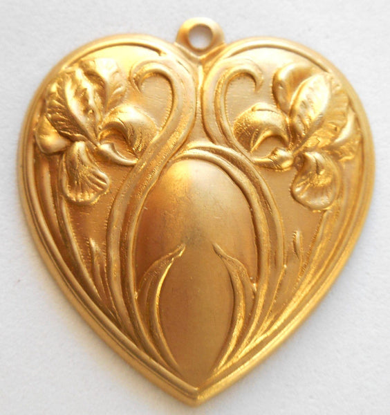 One ornate raw brass floral Iris heart pendant, charm, brass stamping, 30 x 32mm, made in the USA, C9201