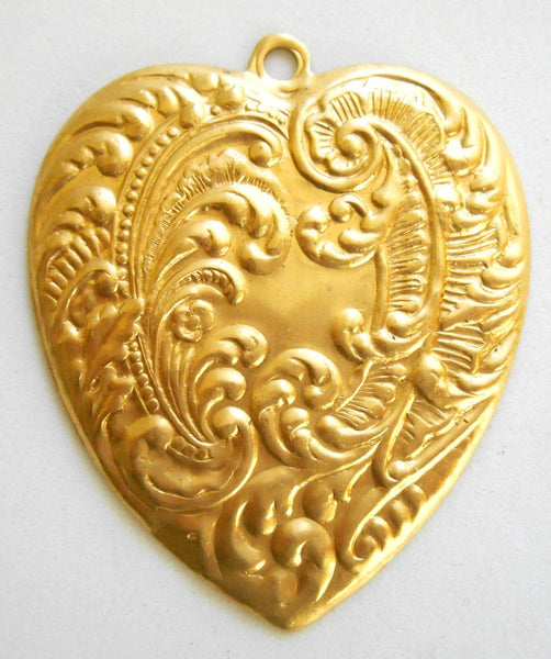 One ornate Victorian raw brass heart pendant with feathers and fronds, brass stamping, 53 x 45mm, made in the USA, C9401