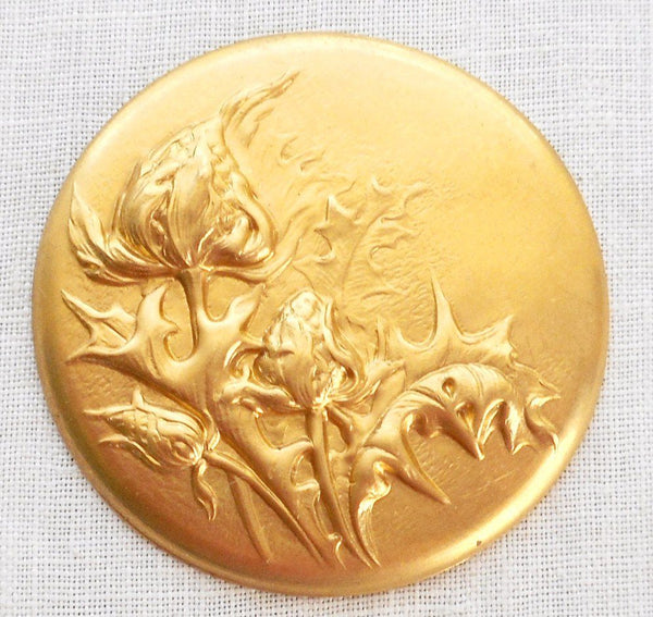 One raw brass repousee floral medallion, pendant, charm, brass stamping, 38mm, made in the USA, C5401