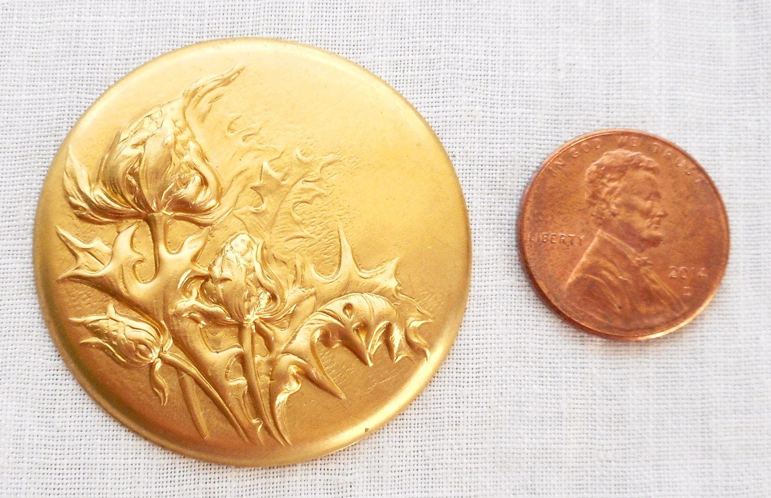 One raw brass repousee floral medallion, pendant, charm, brass stamping, 38mm, made in the USA, C5401 - Glorious Glass Beads