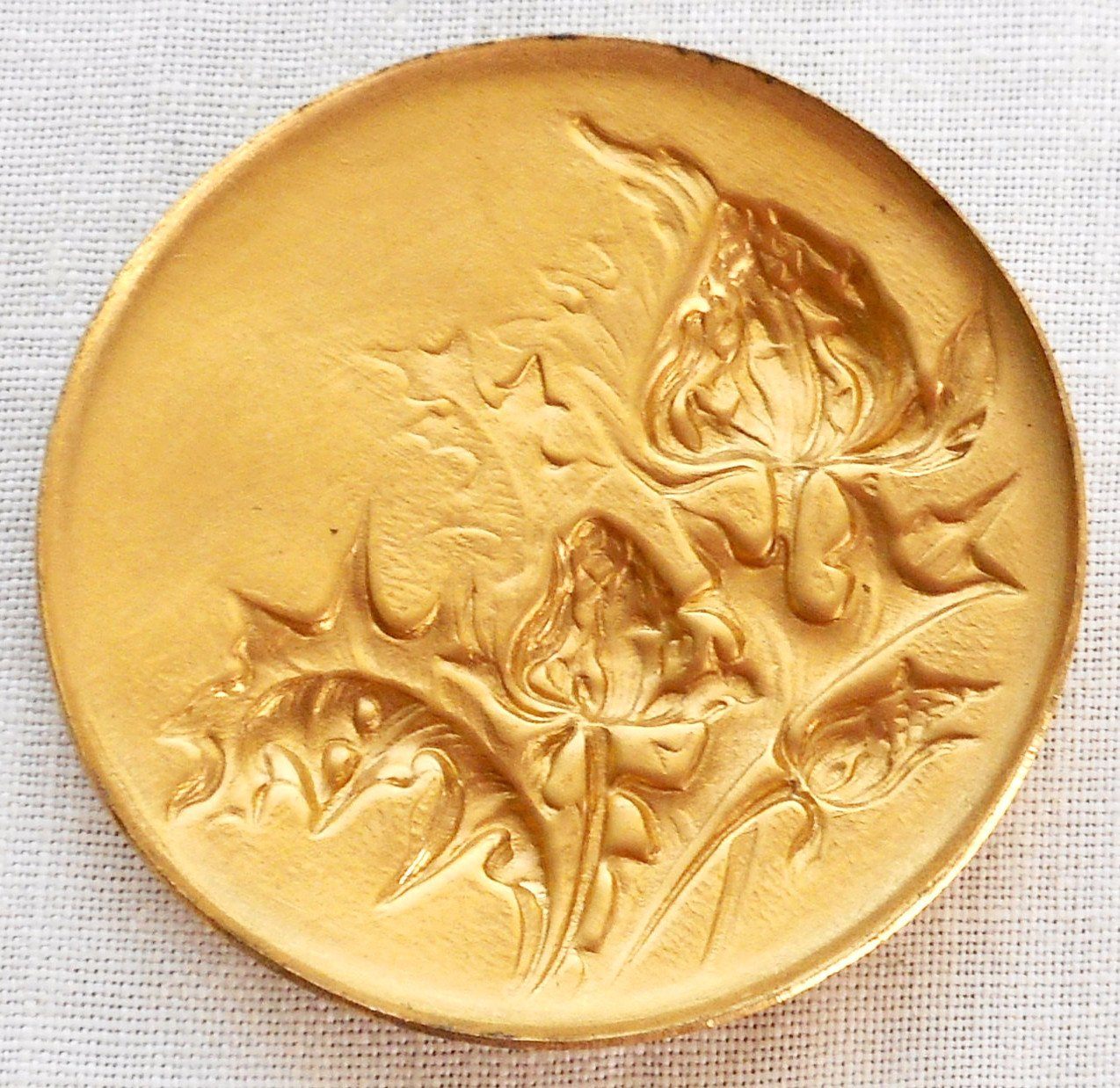 One raw brass repousee floral medallion, pendant, charm, brass stamping, 38mm, made in the USA, C5401 - Glorious Glass Beads