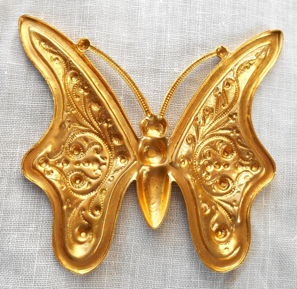 One raw large brass stamping, art nouveau, deco, Victorian butterfly, pendant, charm, connector, 59mm x 56mm, USA made, C8901 - Glorious Glass Beads