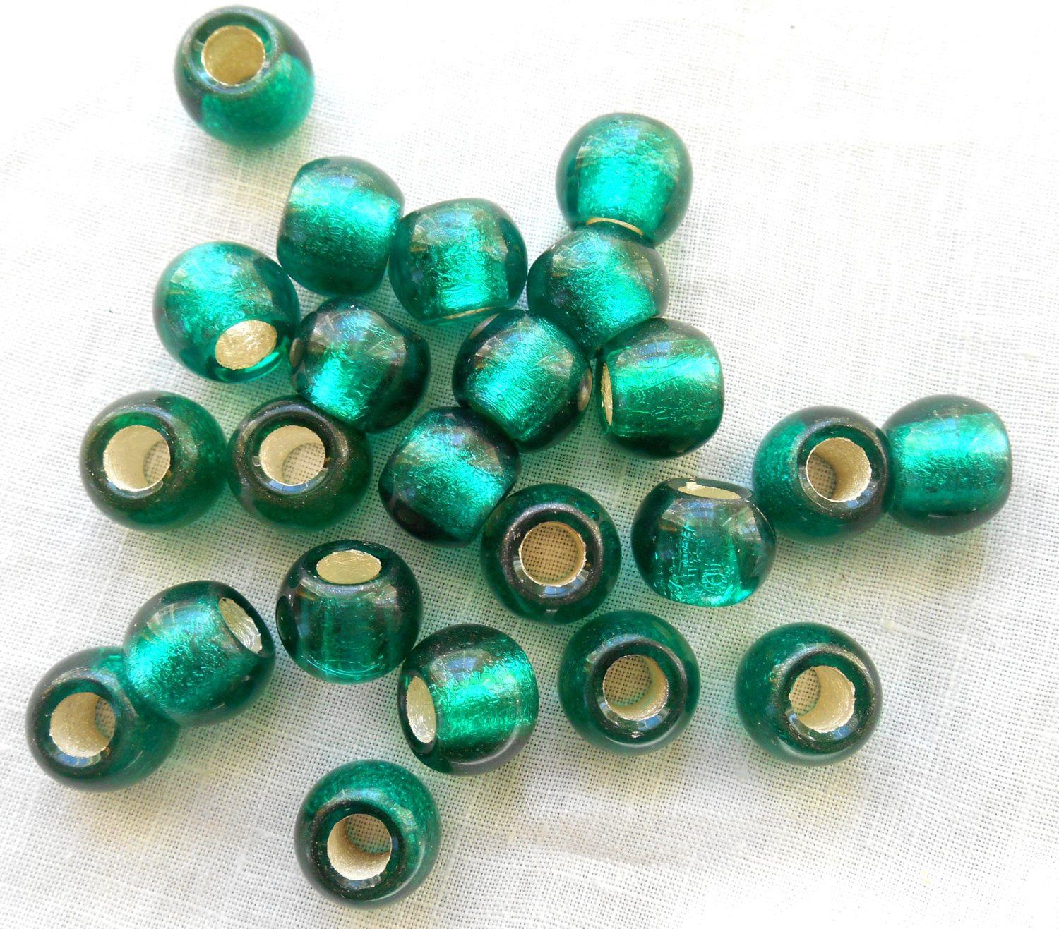 Six round Teal, Blue Green Siver Lined large 12mm glass beads, big 4.5mm holes, Pandora, European,  C6601 - Glorious Glass Beads