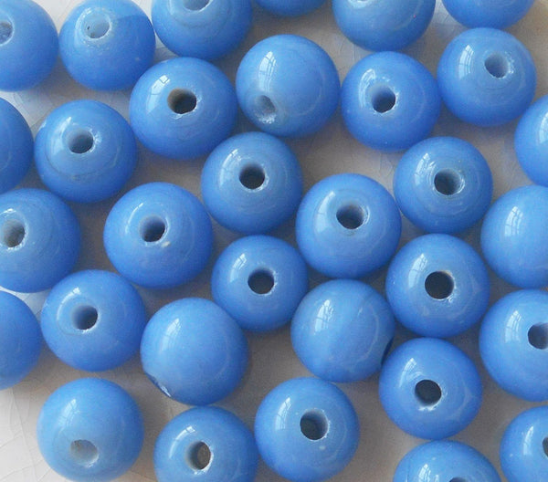 Ten 12mm Bright Opaque Sky Blue big large hole glass beads with 3mm holes, smooth round druk beads, Made in India C8401 - Glorious Glass Beads