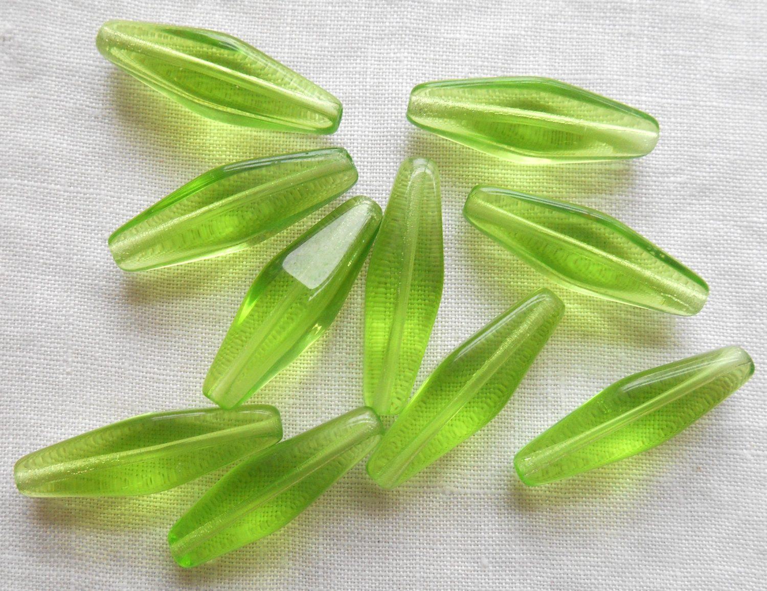 Ten 24 x 9mm Czech glass Peridot Lime Green long lantern tube beads, C5701 - Glorious Glass Beads