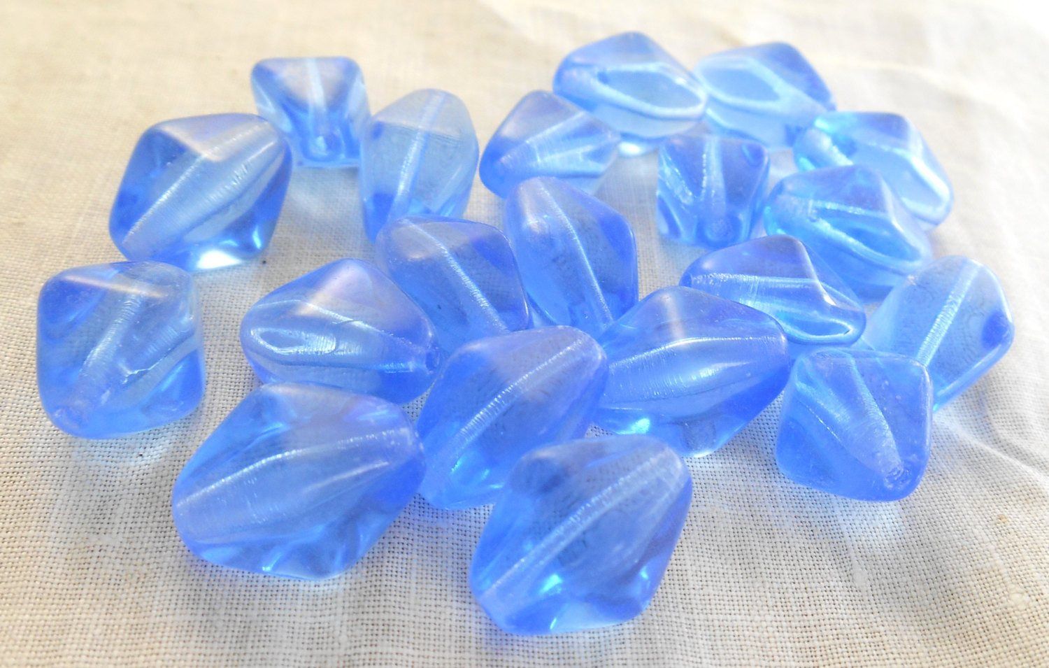 Ten chunky Light Sapphire Blue Czech glass lantern, diamond or tube beads, 16mm x 13mm, C9110 - Glorious Glass Beads