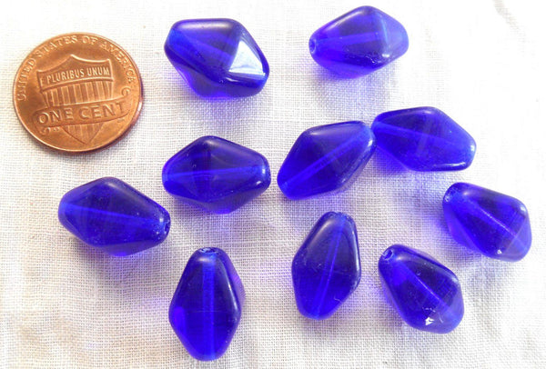 Ten cobalt blue glass chunky lantern, diamond or tube beads, 16 x 13mm, C1210 - Glorious Glass Beads