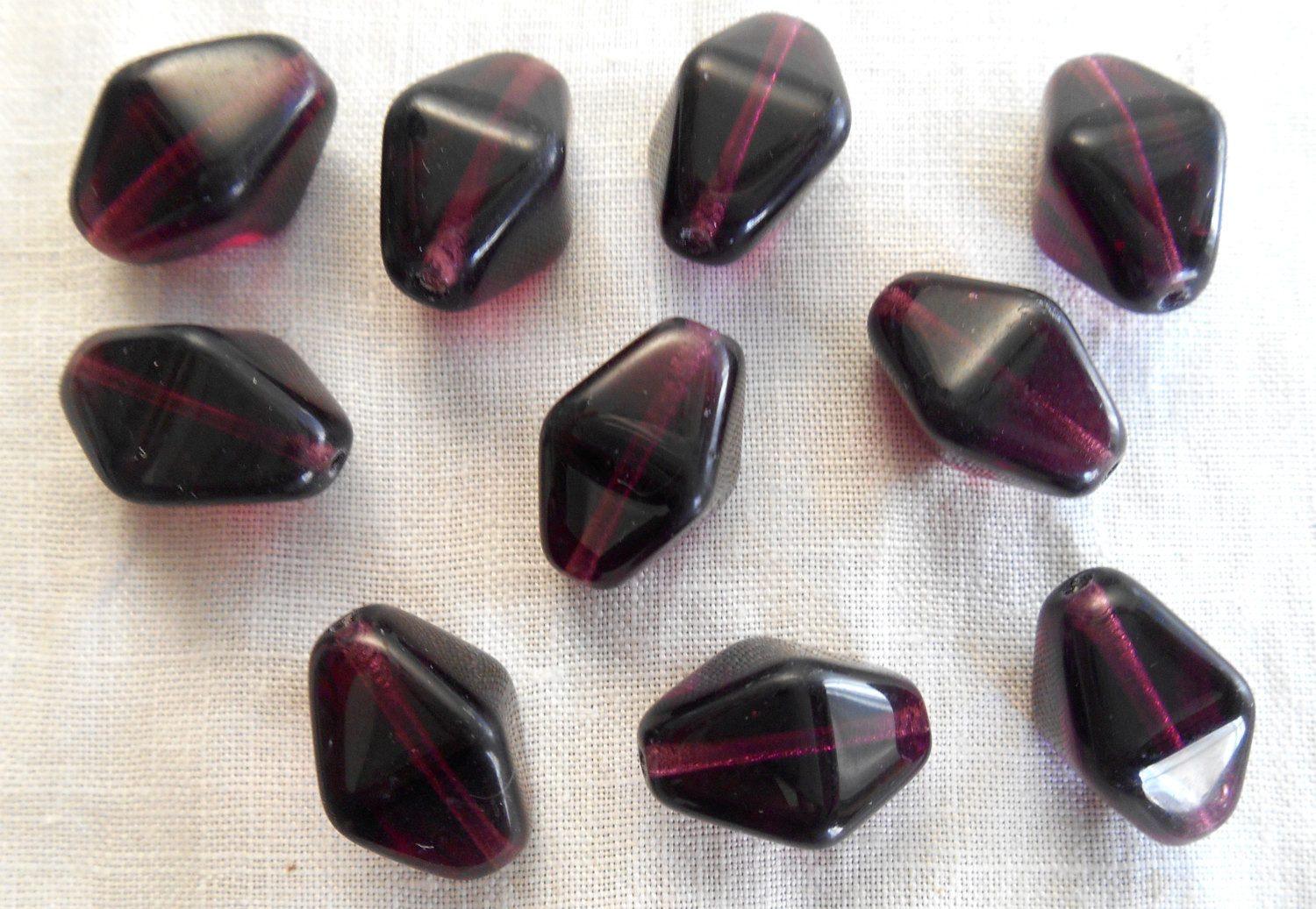 Ten Czech dark purple, amethyst chunky lantern, diamond or tube beads, 16 x 13mm, C2310 - Glorious Glass Beads