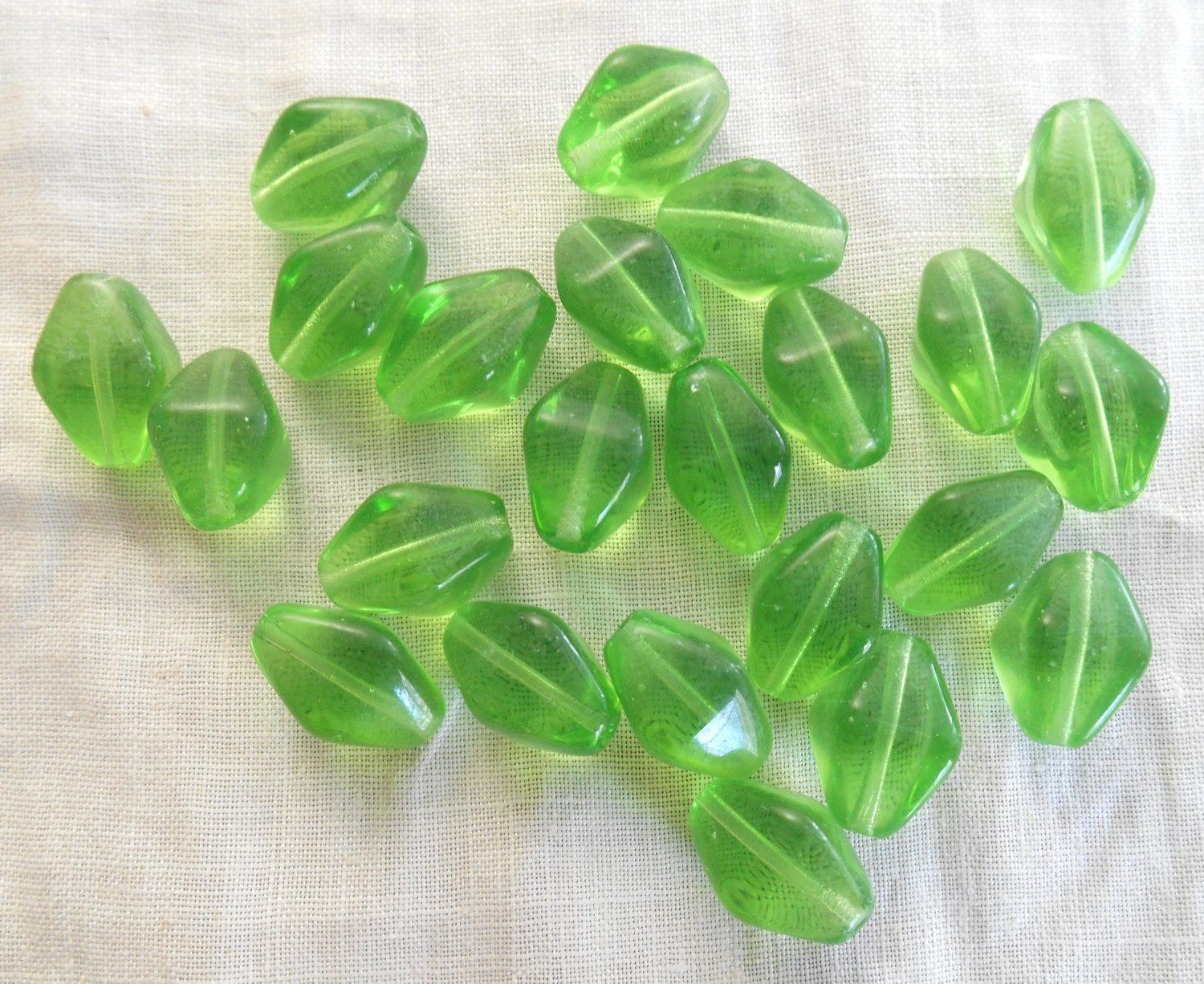 Ten Peridot Lime Green Czech glass chunky lantern, diamond or tube beads, 16 x 13mm, C1210 - Glorious Glass Beads