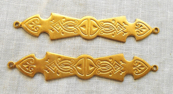 Two Raw Brass stampings, long ornate engraved Victorian connectors with rings, 62mm x 12mm USA made C6602