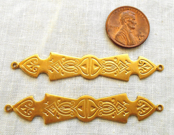 Two Raw Brass stampings, long ornate engraved Victorian connectors with rings, 62mm x 12mm USA made C6602 - Glorious Glass Beads