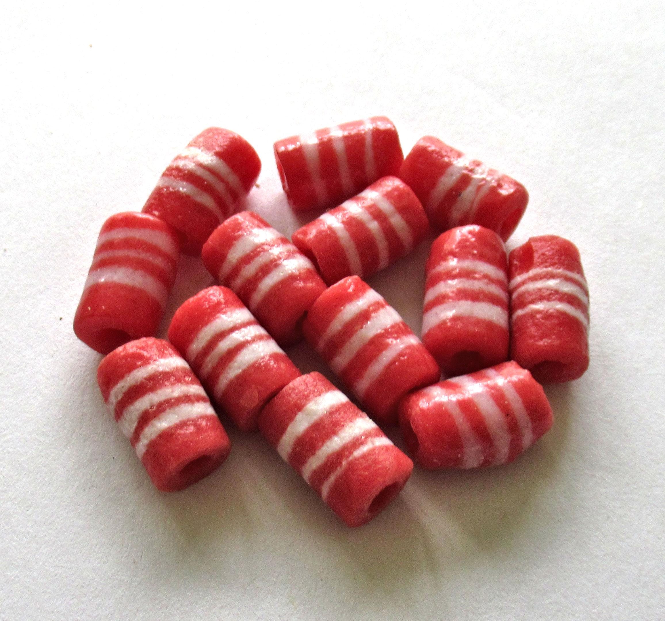 African Ghana Krobo glass tube beads - red & white striped beads - 13 to 14.5mm X 8.5 to 9mm - big hole sandcast beads - six beads - C00211