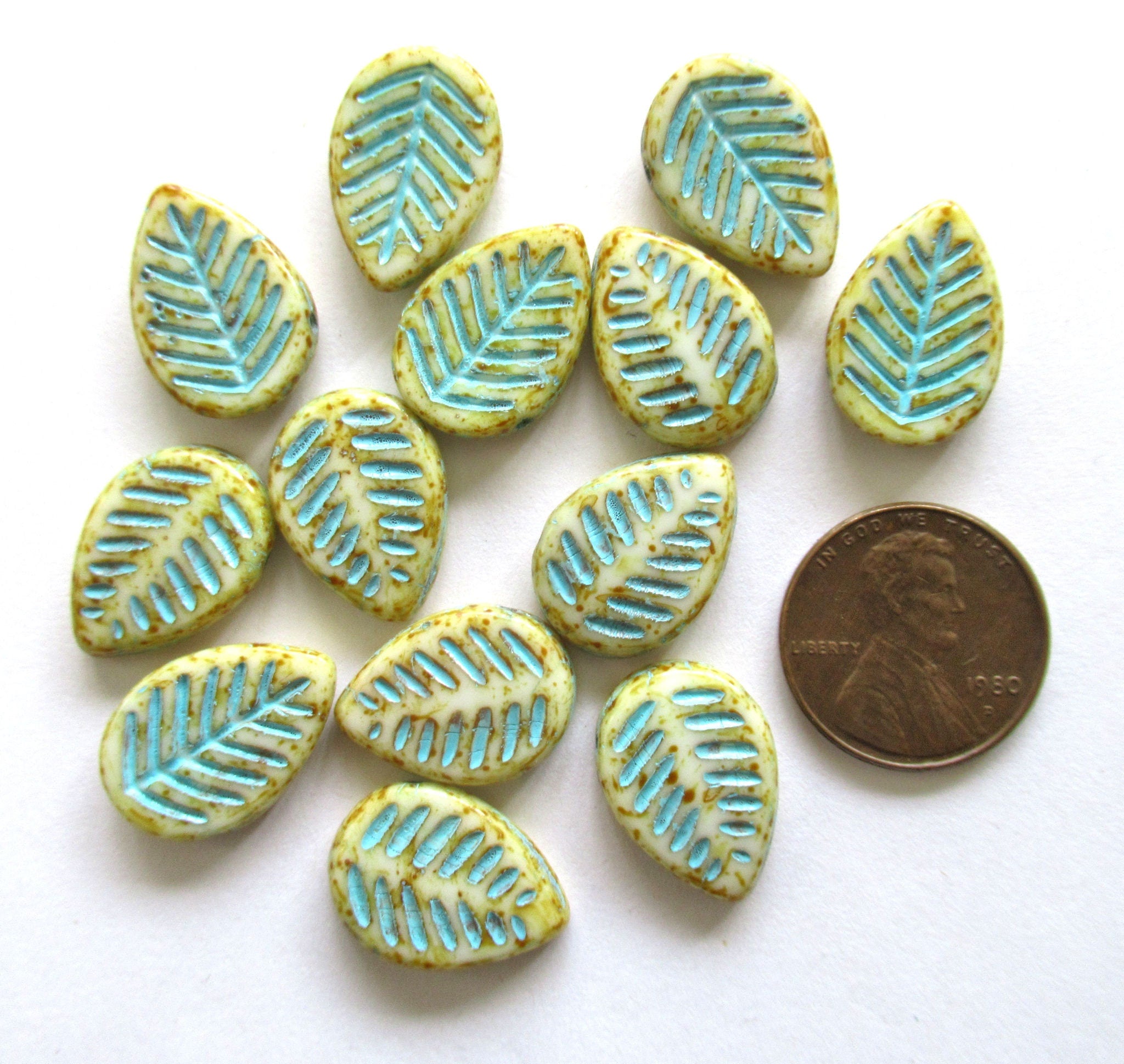 Ten large Czech glass leaf beads - side drilled off white beads with a turquoise wash and picasso finish - 12 x 16mm carved beads C00021