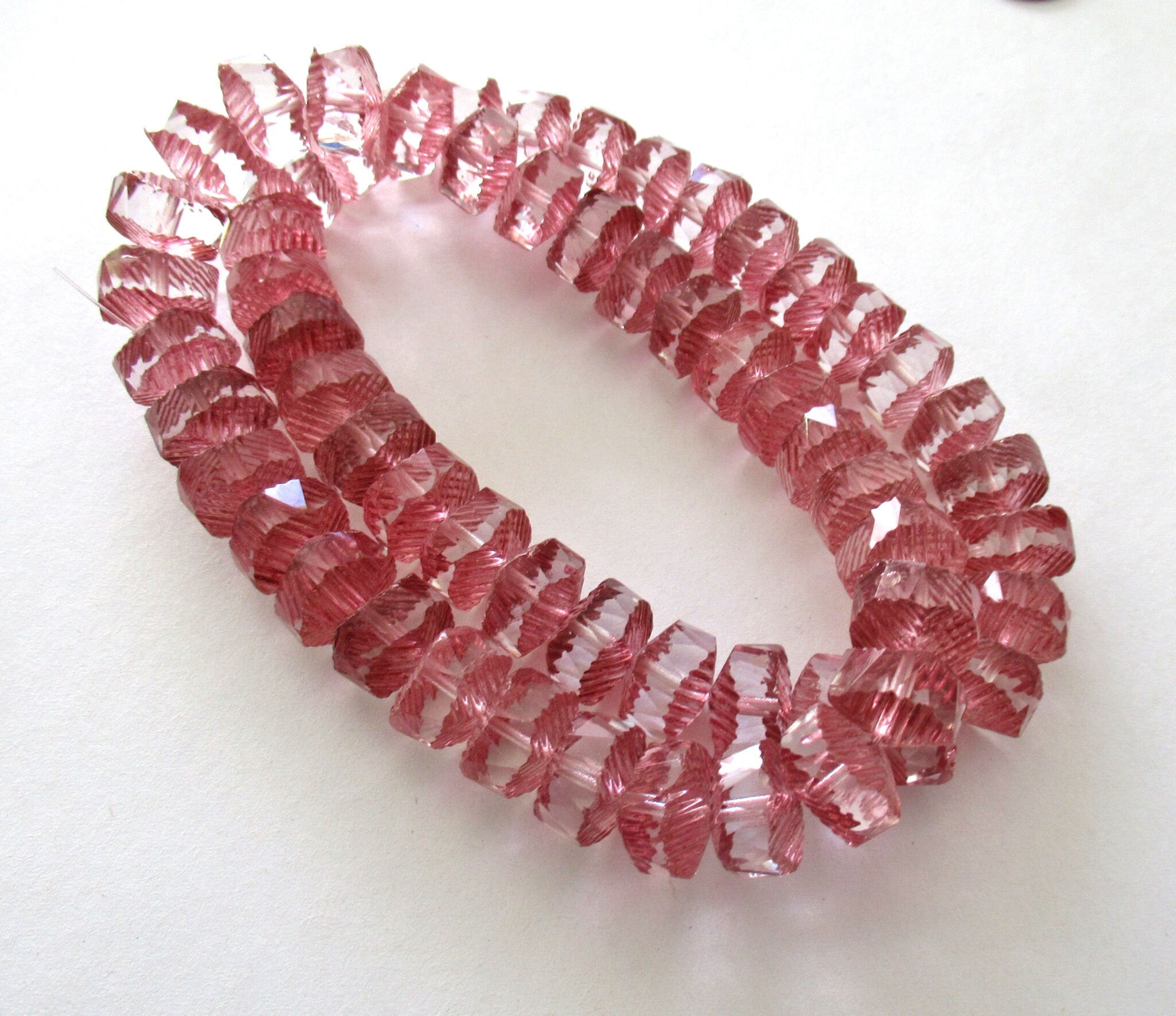 Lot of 6 Czech glass faceted wavy rondelle beads - large 14 x 6mm pink & crystal chunky rondelles - focal beads - C00971