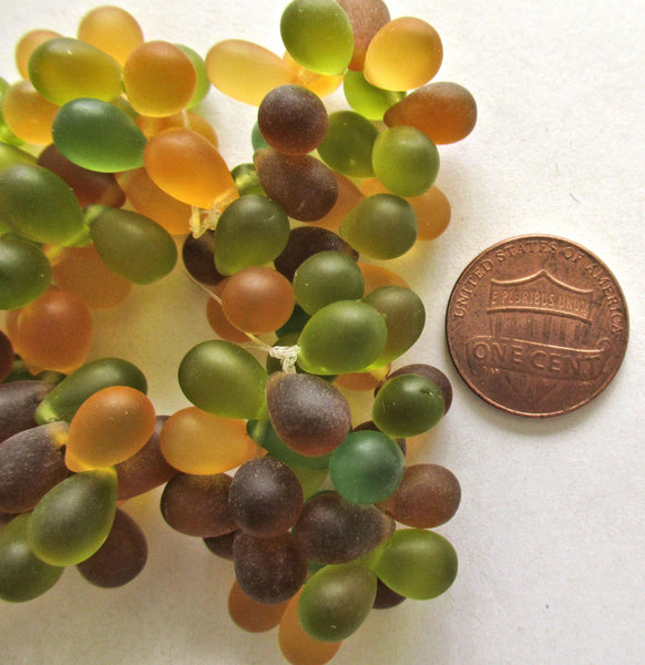 25 Czech glass drop beads - translucent matte amber, green & topaz brown mix - smooth teardrop beads - 9 x 6mm C00531