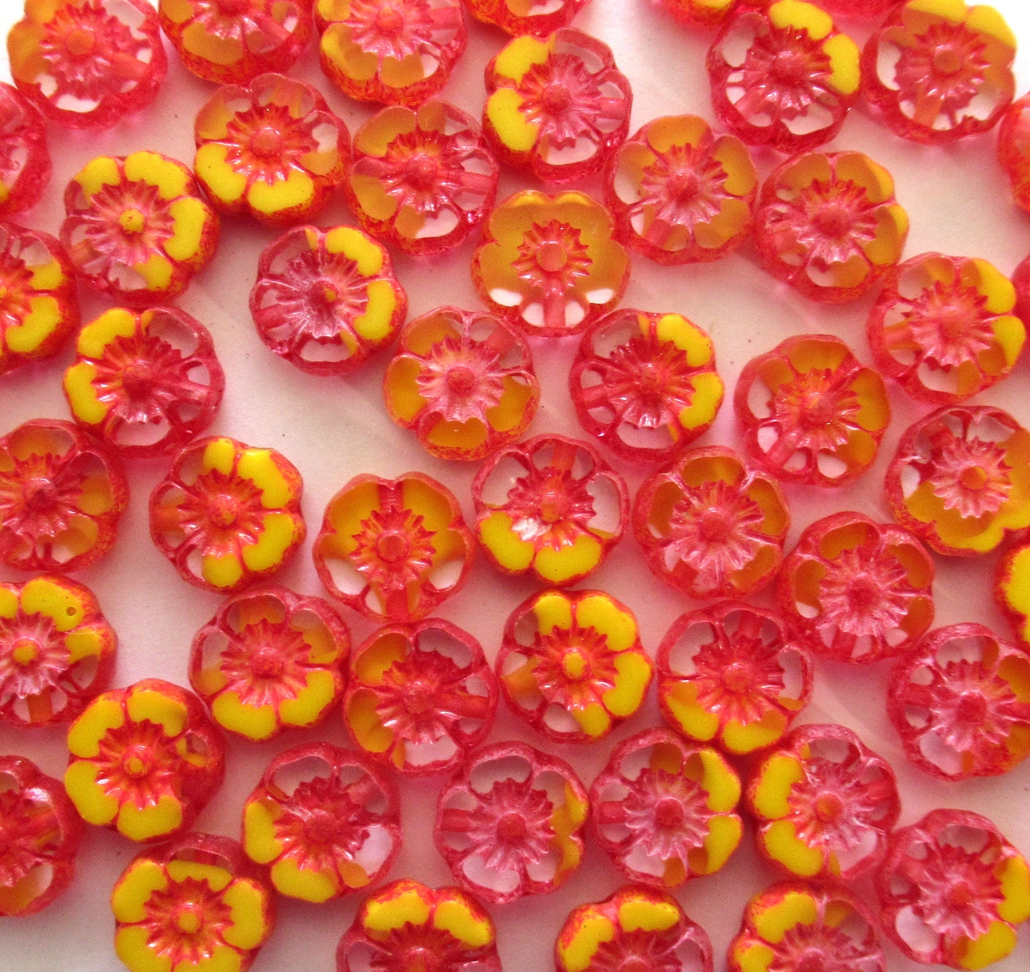 Lot of 15 8mm Czech glass flower beads - crystal and opaque yellow with an orange wash - table cut carved Hawaiian flower beads C00311