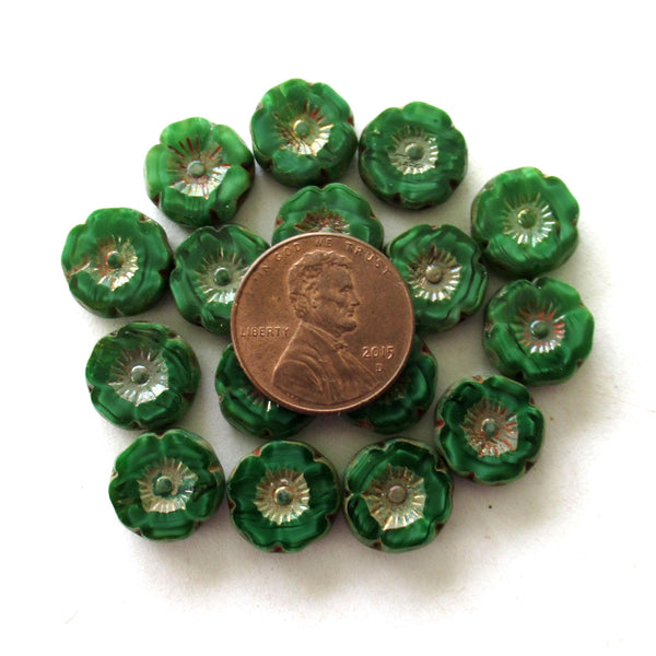 10 Czech glass flower beads - opaque marbled green silky beads - table cut carved - 12mm - Hawaiian Hibiscus floral beads - C00441