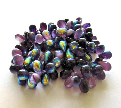 Lot of 25 Czech glass drop beads - light and dark purple ab beads - smooth teardrop beads - 9 x 6mm - C00631