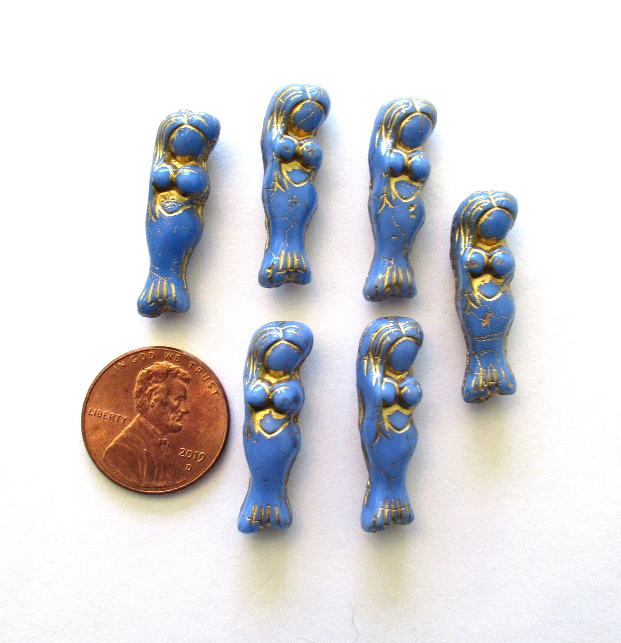 6 Czech glass mermaid or goddess beads - 25 x 5mm opaque periwinkle blue beads with a gold wash - C00442