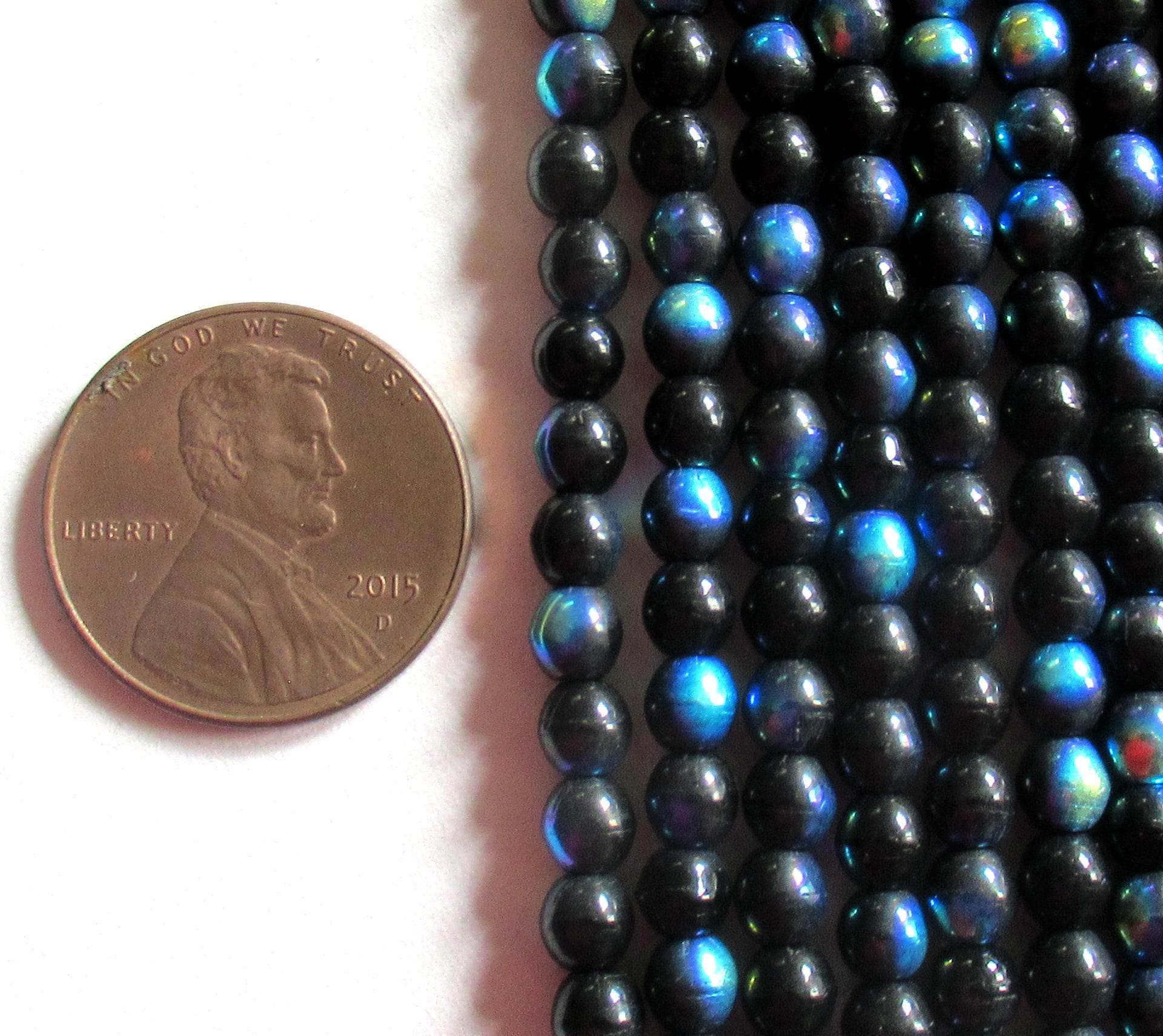 100 4mm Czech glass druks - jet black ab smooth round druk beads - C0036