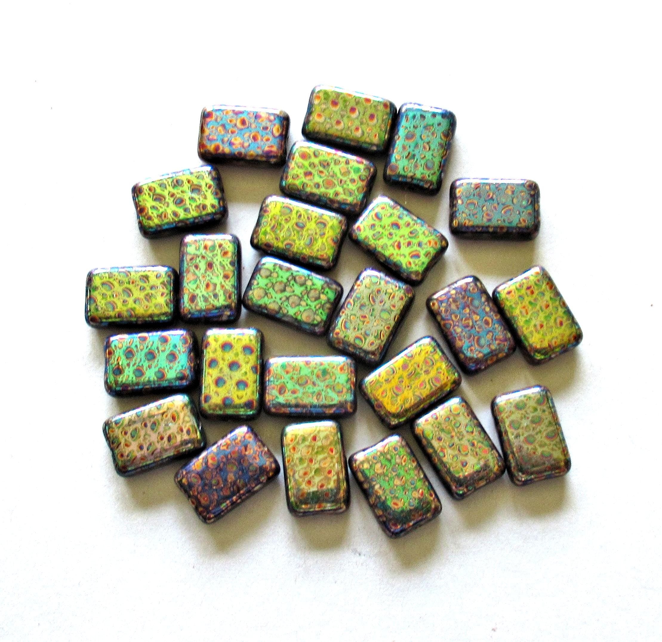 Ten Czech glass rectangle peacock beads - 12 x 8mm - opaque iridescent color mix laser etched beads with abstract pattern C00731