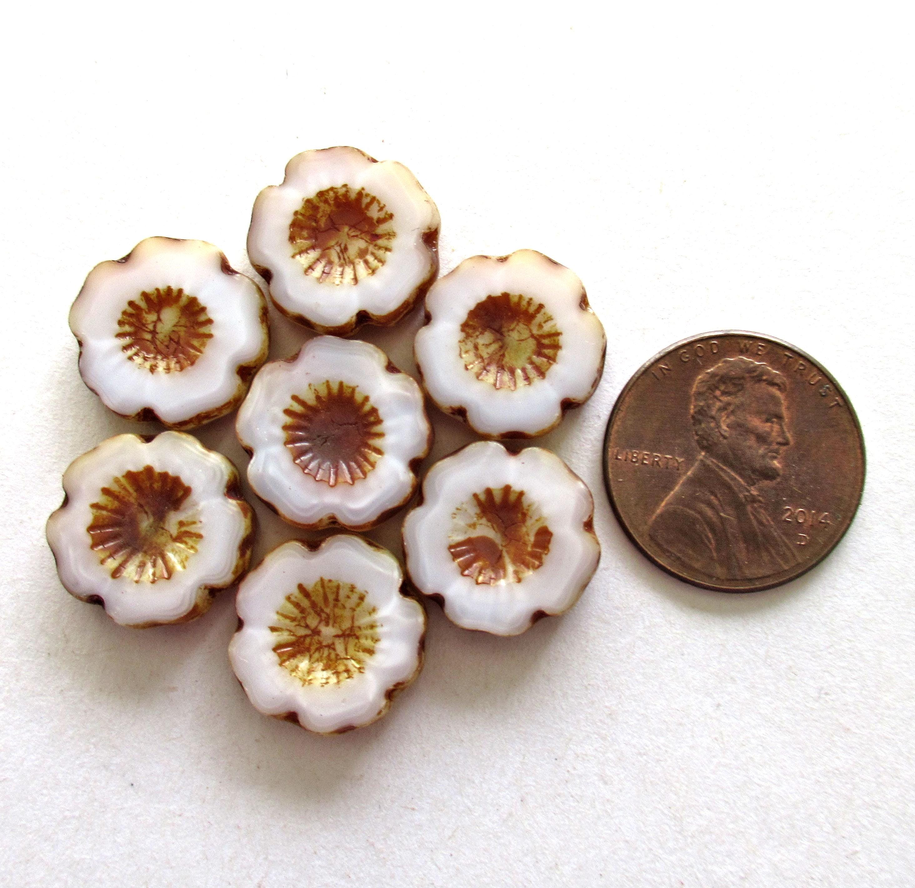 Six Czech glass flower beads - 14mm - silky white Hawaiian hibiscus flowers with brown picasso accents - carved table cut beads - C00021