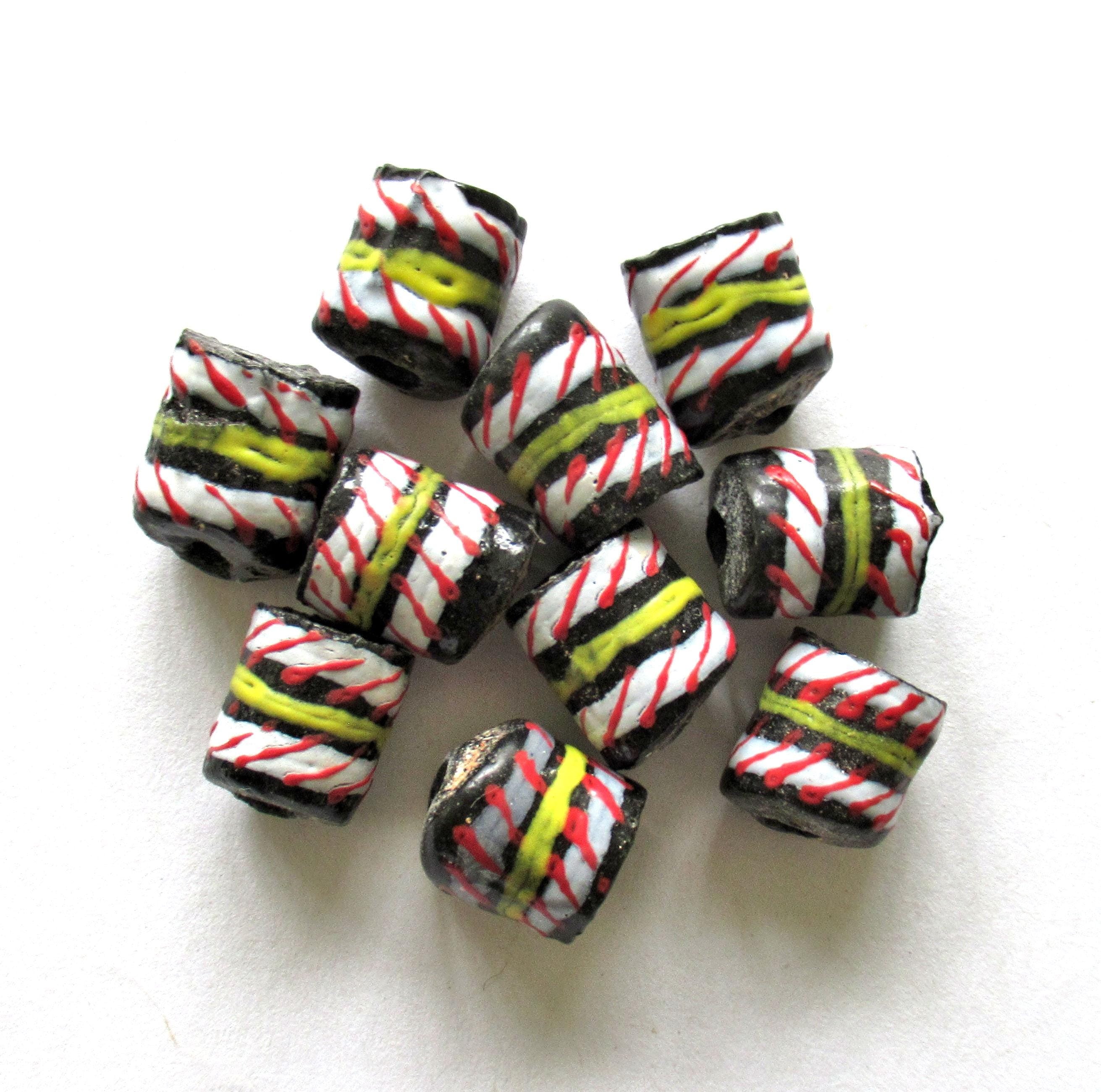 8 African Ghana glass tube beads - black beads w/ a white red & yellow stripes- 13 - 16mm by 11 to 12.5mm - big hole beads - C00771