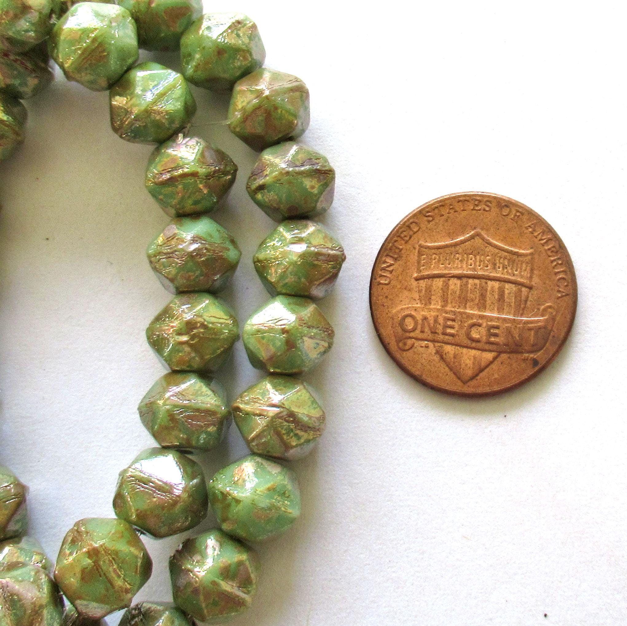 20 8mm Czech glass English cut beads - sage green with a gold picasso finish - C00002