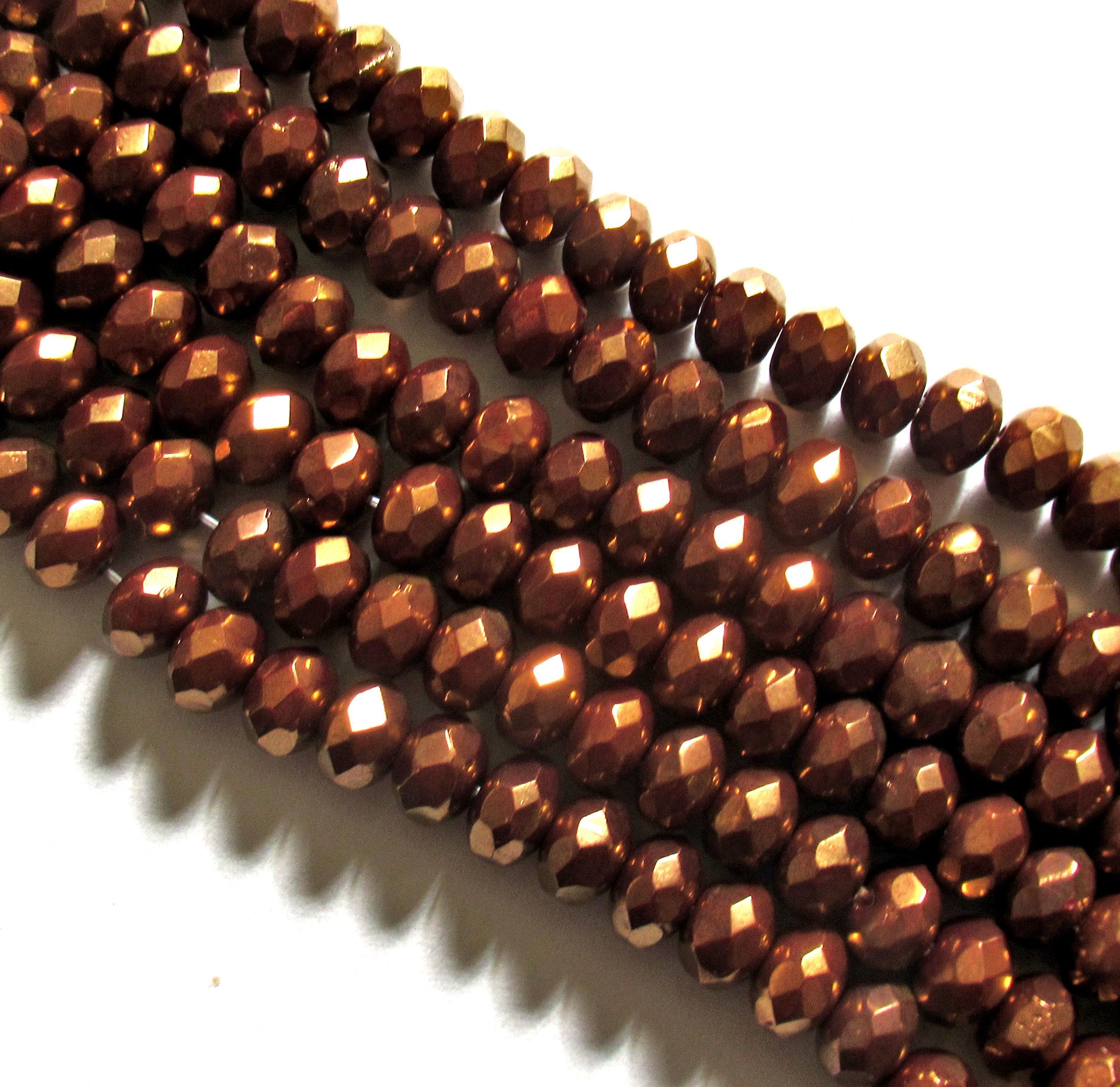 Lot of 25 Czech glass puffy rondelle beads - 5 x 7mm metallic bronze / brown faceted rondelles C0089